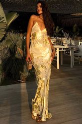Bronzing Pattern Deep V Neck Backless Maxi Strappy Dresses-Gold